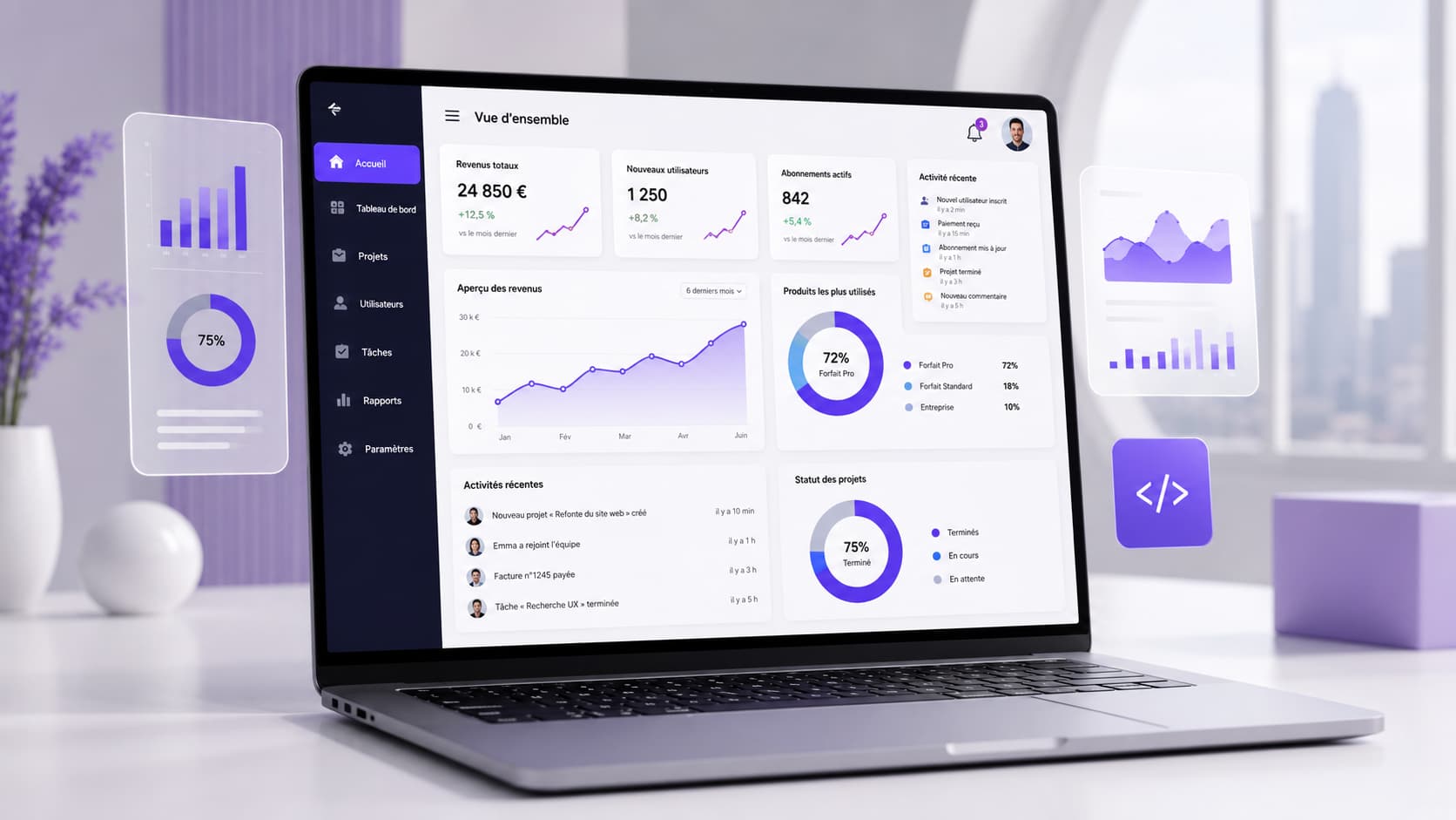 Plateforme métier sur mesure affichée en production sur un ordinateur portable
