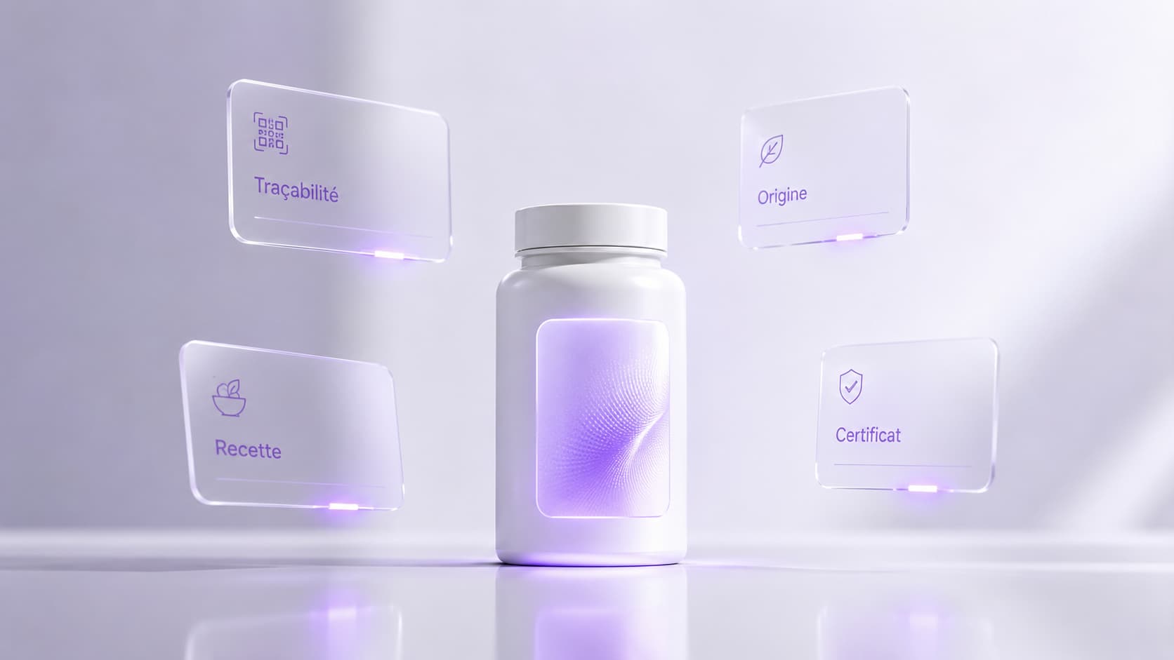 Emballage augmenté entouré de cartes d'information (traçabilité, origine, recette, certificat) en réalité augmentée