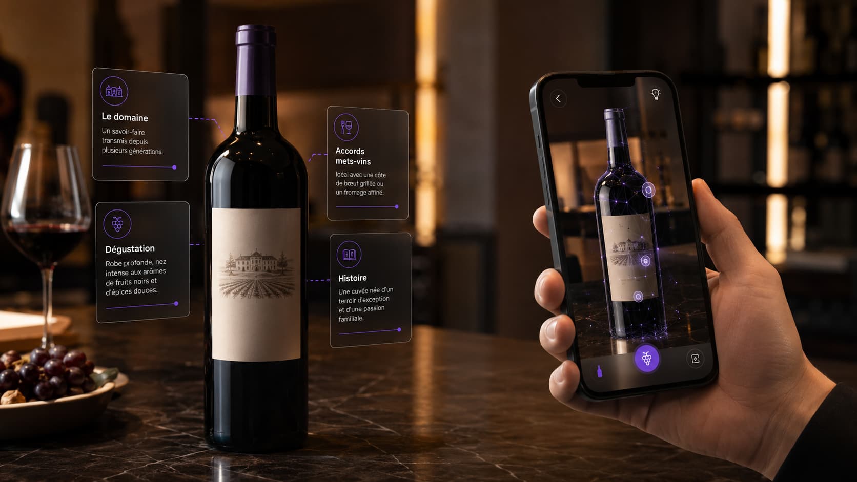 Bouteille de vin augmentée affichant le récit du domaine et les accords mets-vins en réalité augmentée