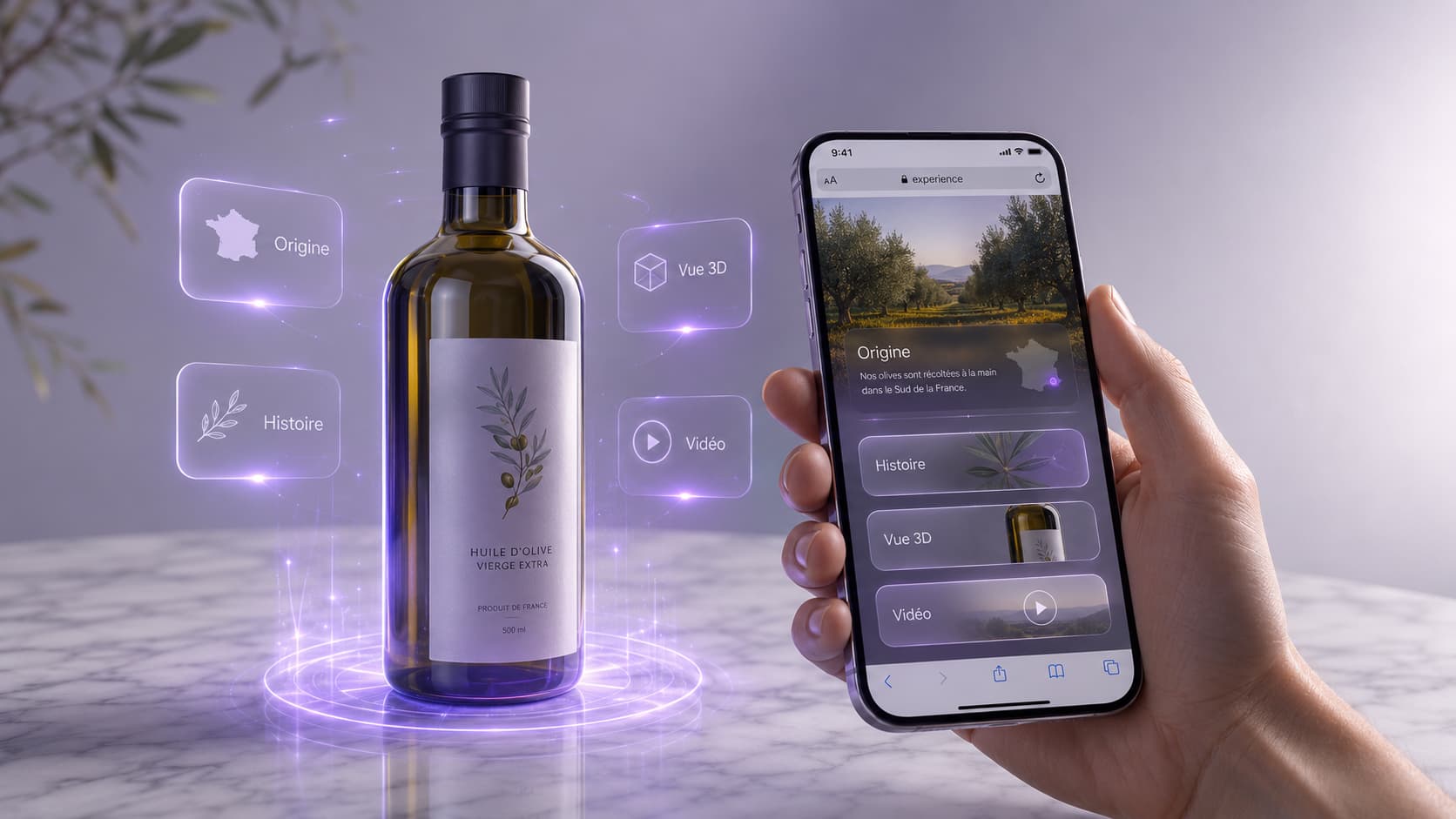 Bouteille scannée au smartphone faisant apparaître un menu de réalité augmentée dans le navigateur