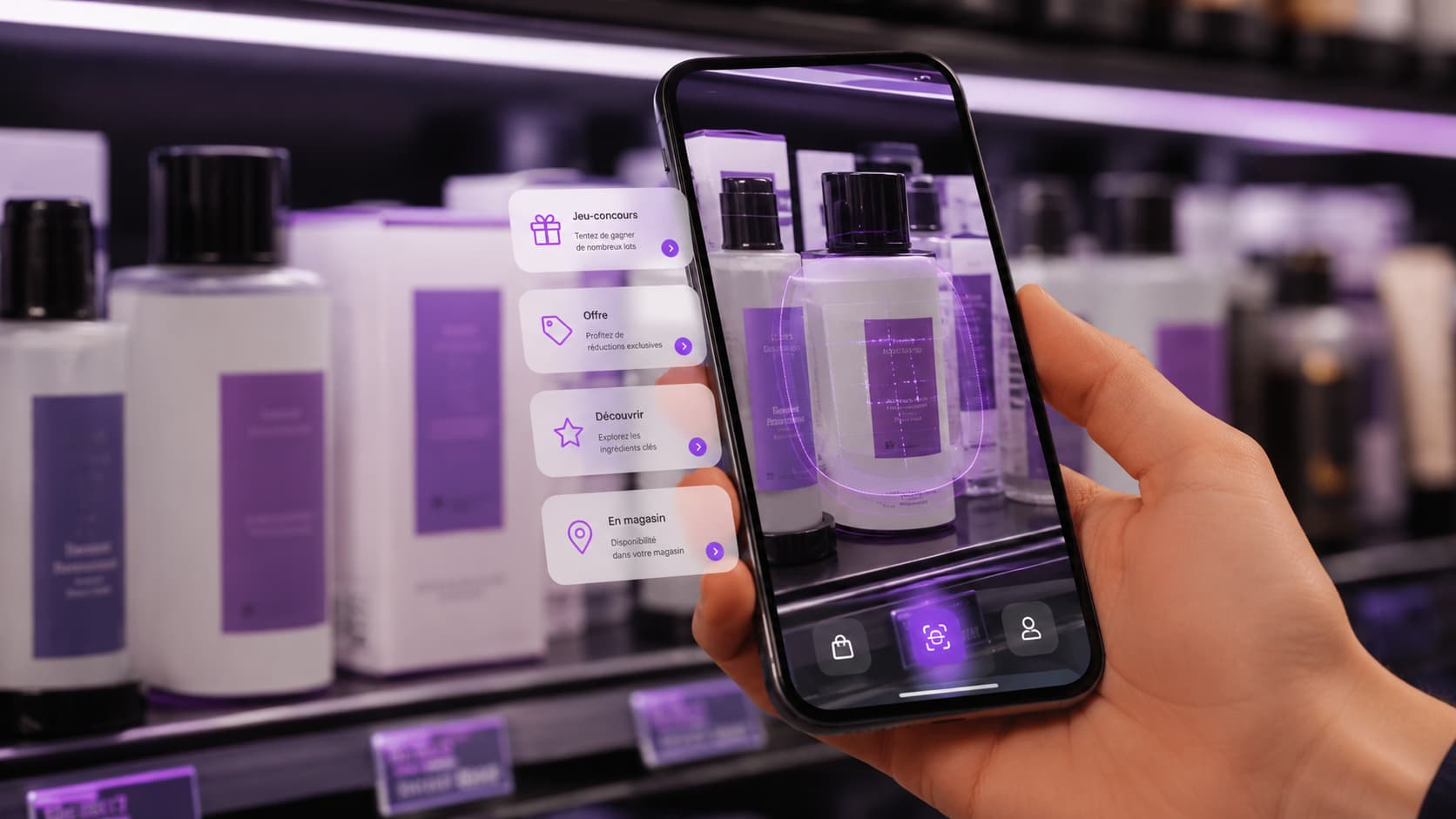 Produit cosmétique scanné en rayon déclenchant un jeu-concours et une offre en réalité augmentée