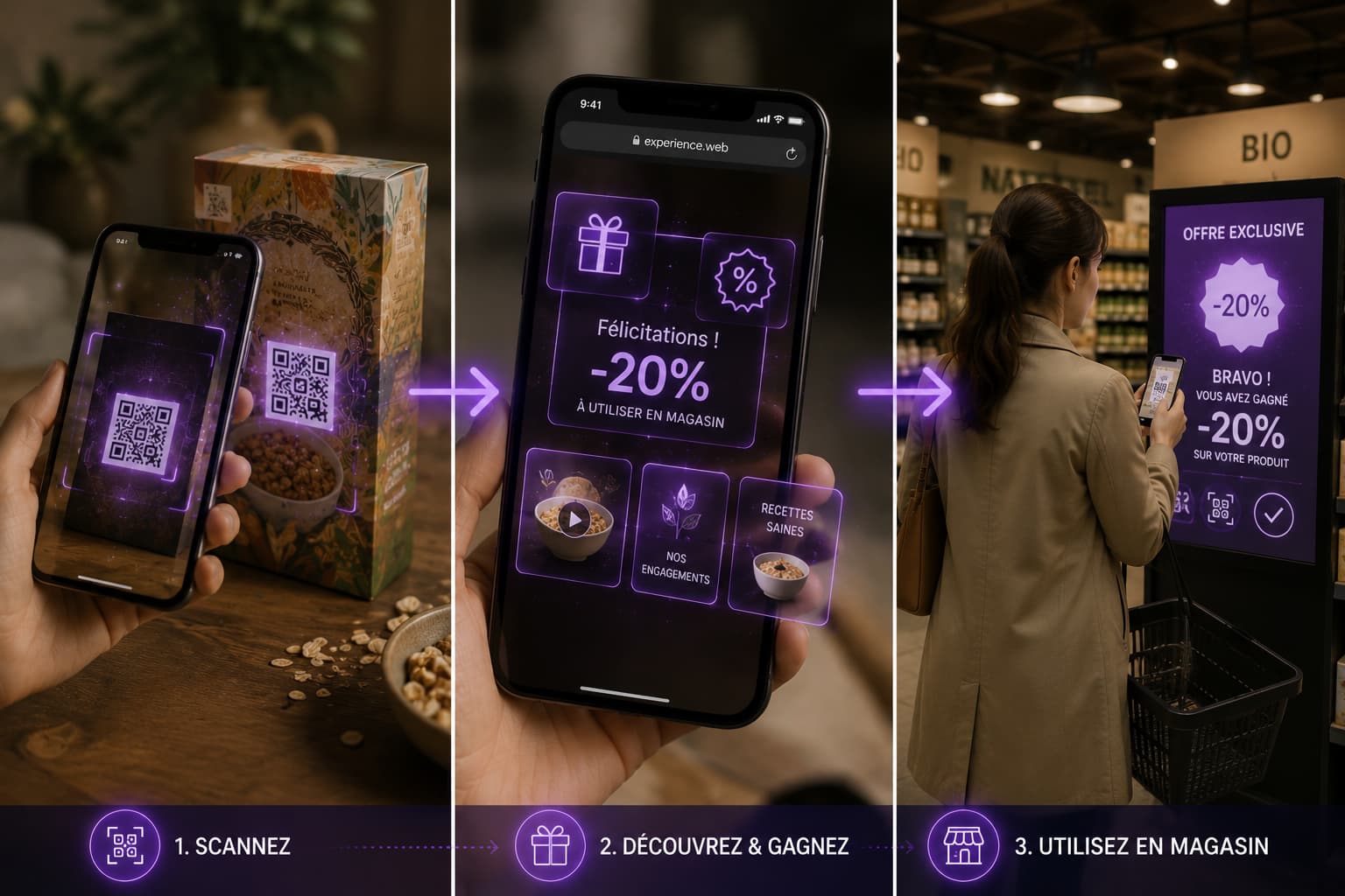 Parcours en trois étapes : scanner un emballage, gagner une offre, utiliser en magasin