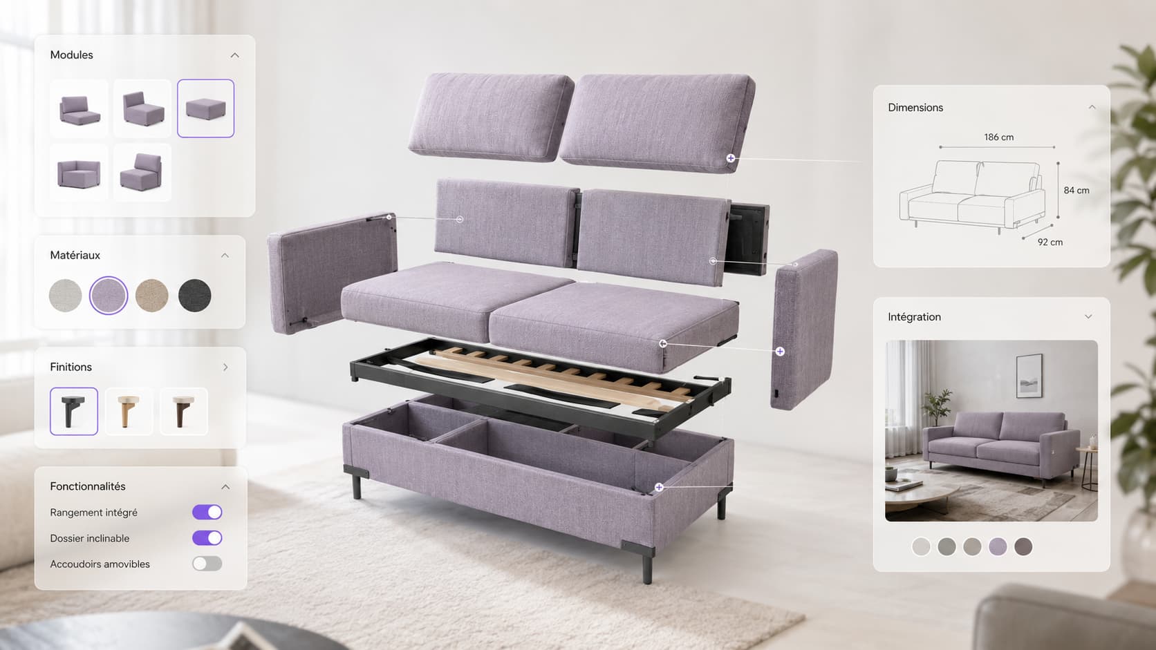 Configurateur 3D produit sur une fiche e-commerce avec personnalisation des modules, matériaux et finitions en temps réel