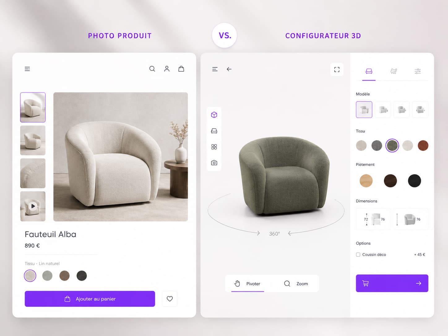 Comparaison entre une photo produit classique et un configurateur 3D interactif sur une fiche e-commerce