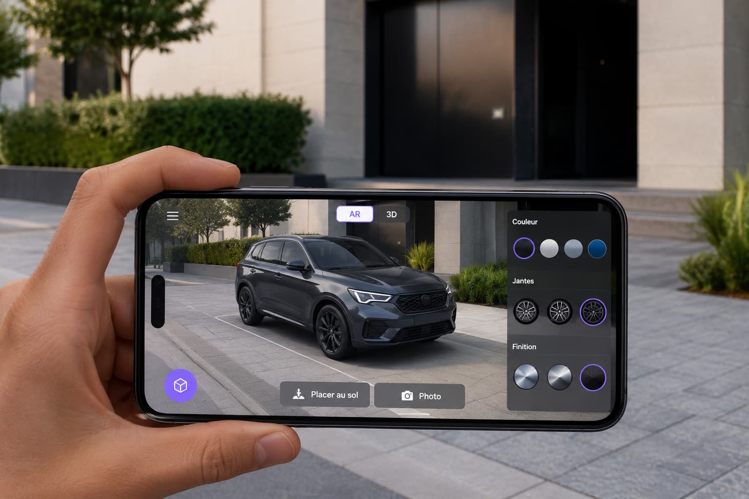 Configurateur 3D automobile en réalité augmentée affichant un véhicule grandeur nature dans la rue