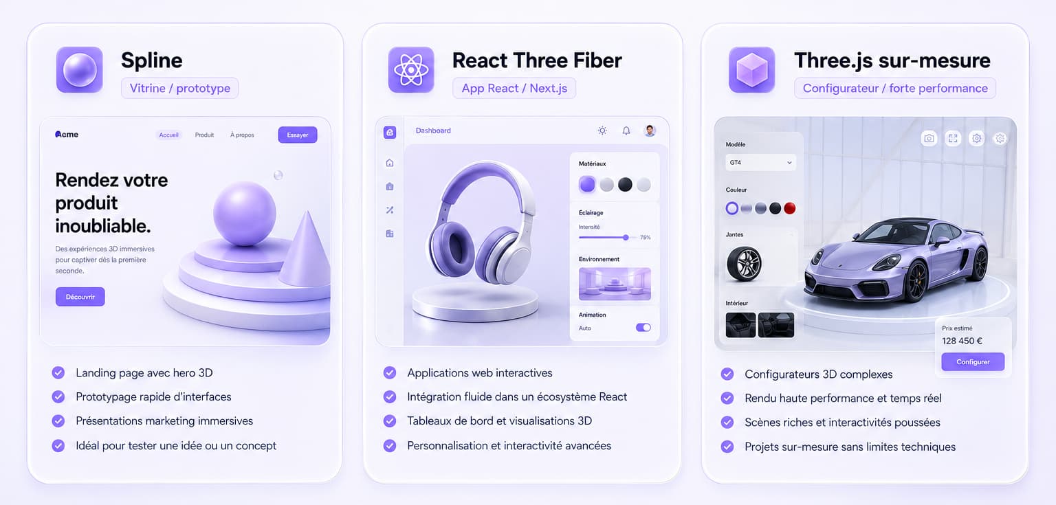Comparatif des trois stacks 3D pour le web : Spline pour la vitrine et le prototype, React Three Fiber pour les applications React, Three.js sur-mesure pour les configurateurs et la forte performance.