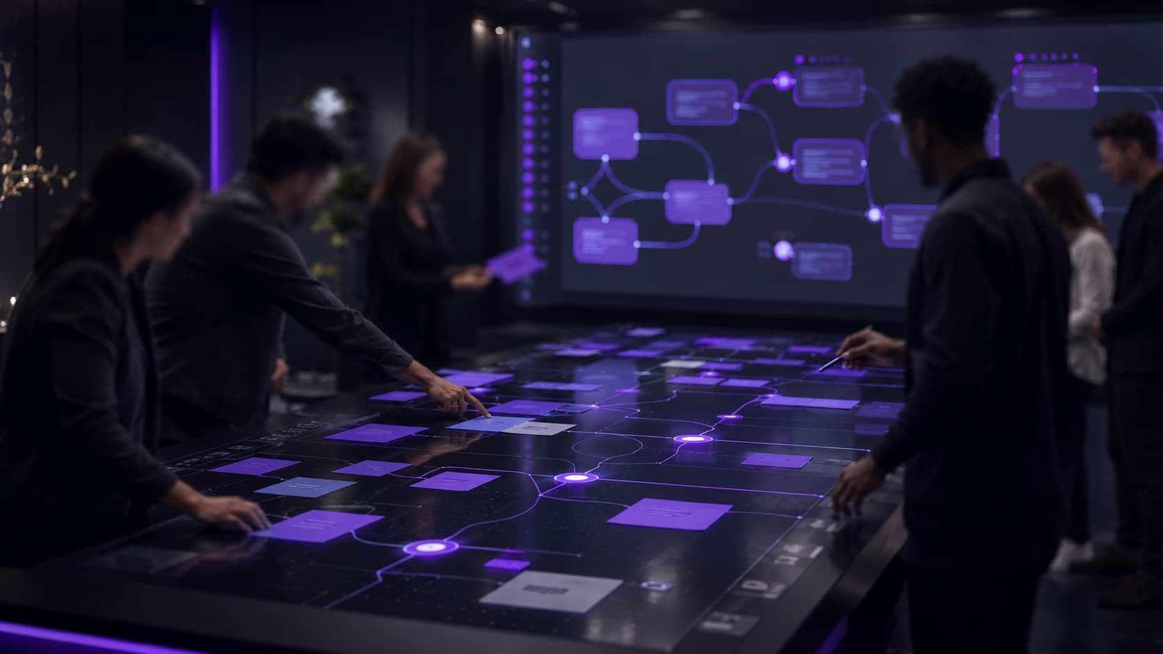 Orchestration de l’IA en entreprise : une équipe pilote une séquence orchestrée multi-étapes connectée aux outils internes — Metasense