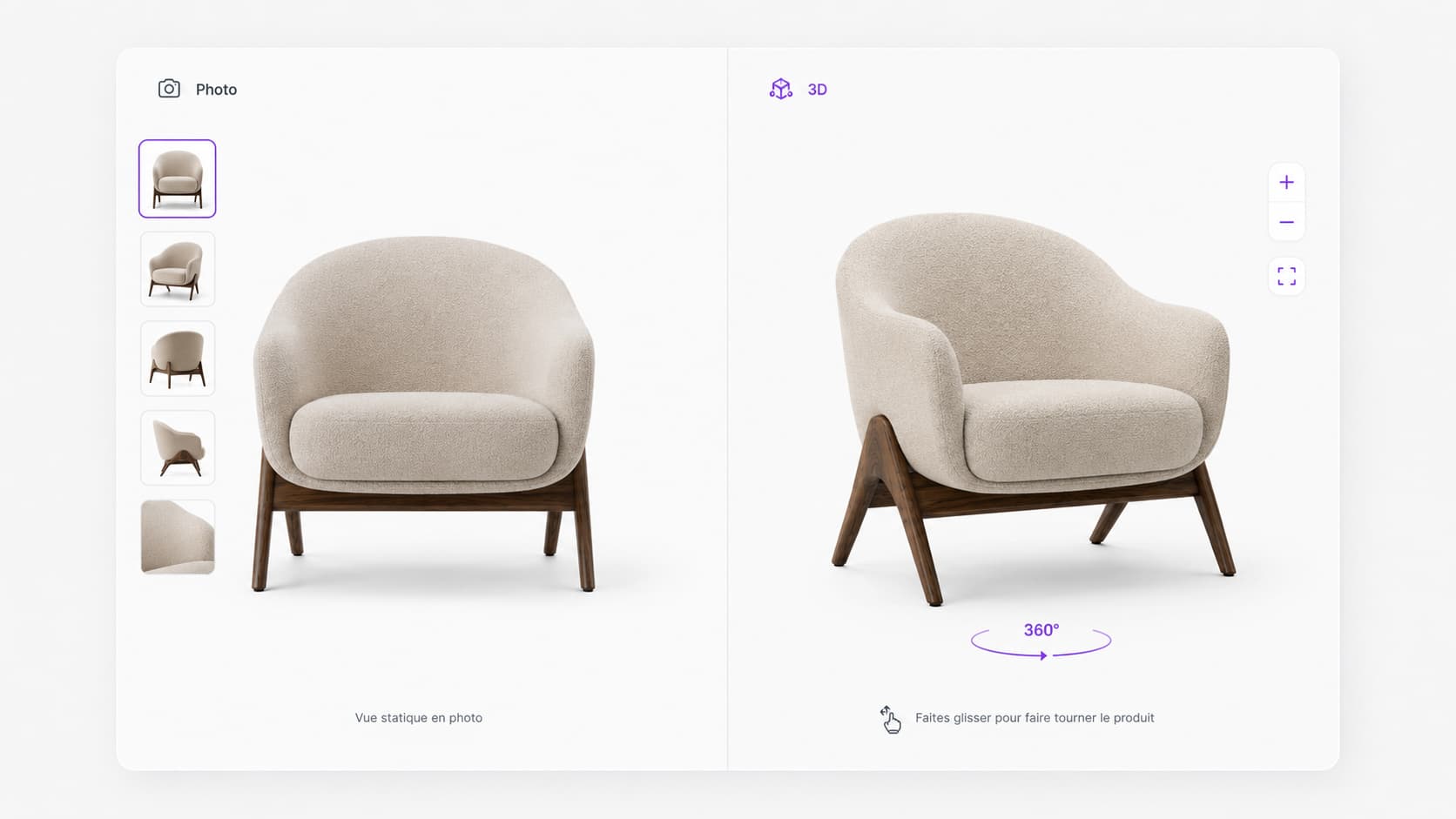 Fiche produit en écran scindé : à gauche la photo statique, à droite le même fauteuil en 3D manipulable à 360° — comparaison photo vs 3D, Metasense