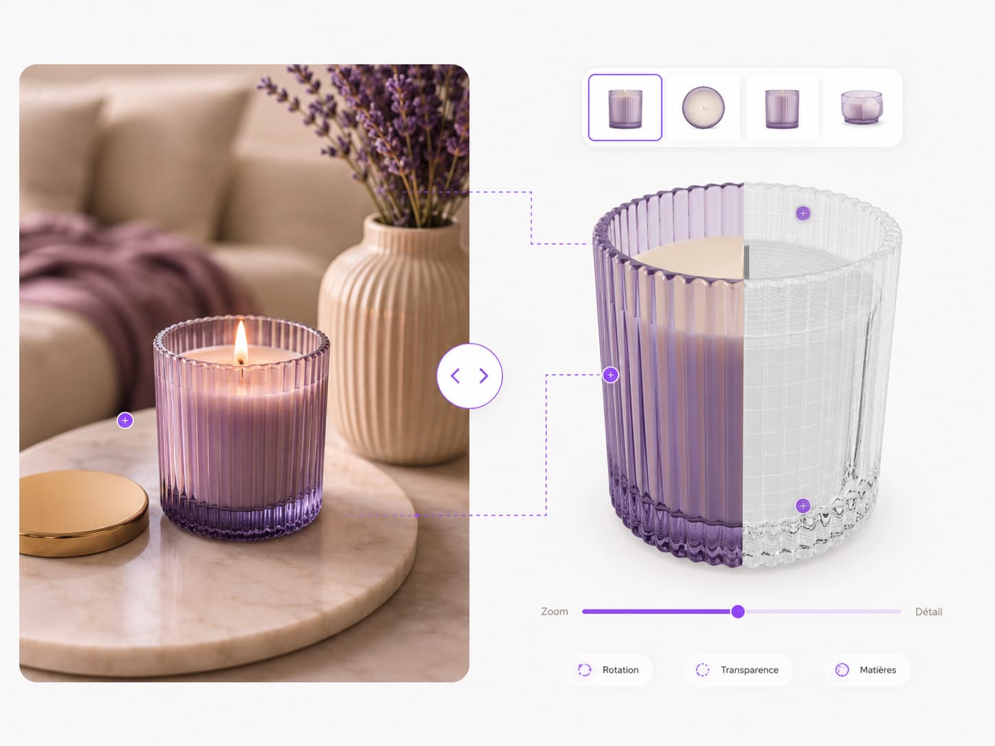 Bougie parfumée en photo lifestyle à gauche et en modèle 3D (rendu et maillage) manipulable à droite — packshot 3D généré depuis un modèle, Metasense