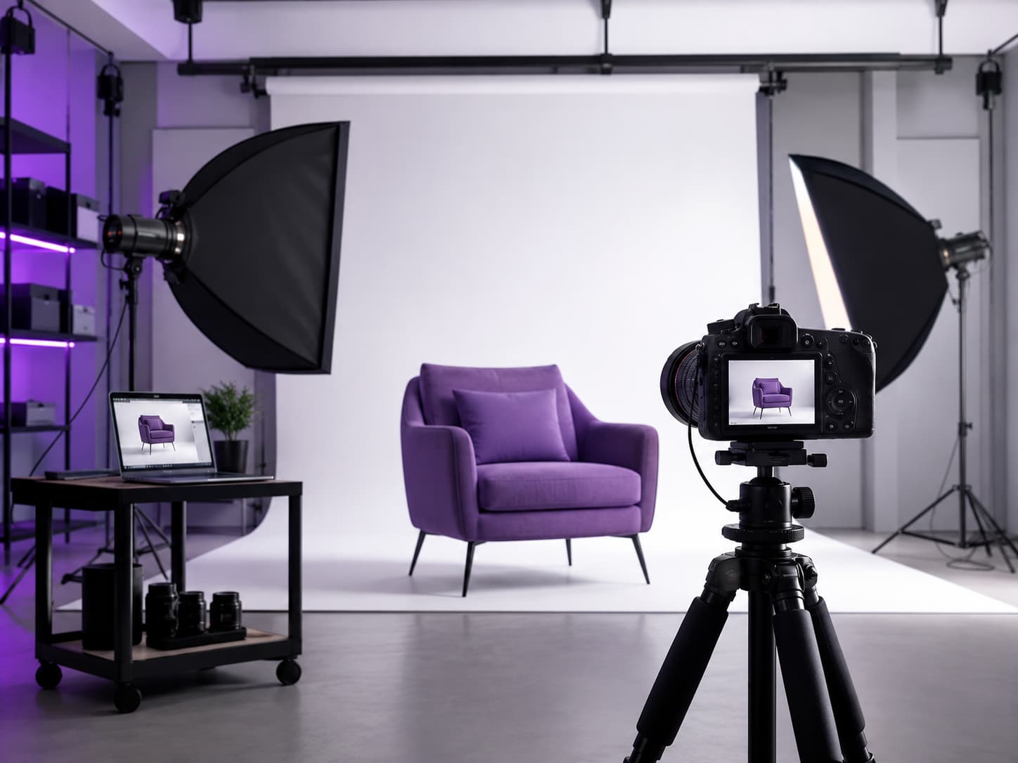 Shooting photo studio d'un fauteuil violet à côté de son modèle 3D affiché sur un ordinateur — photo packshot ou 3D pour une fiche produit, Metasense