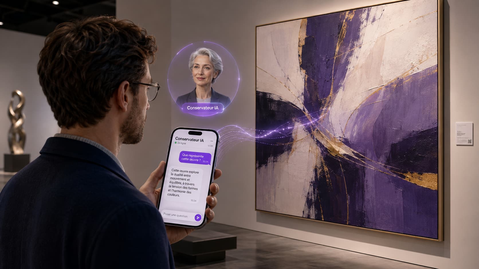 Visiteur en dialogue avec un conservateur IA devant une œuvre de musée, sur son smartphone