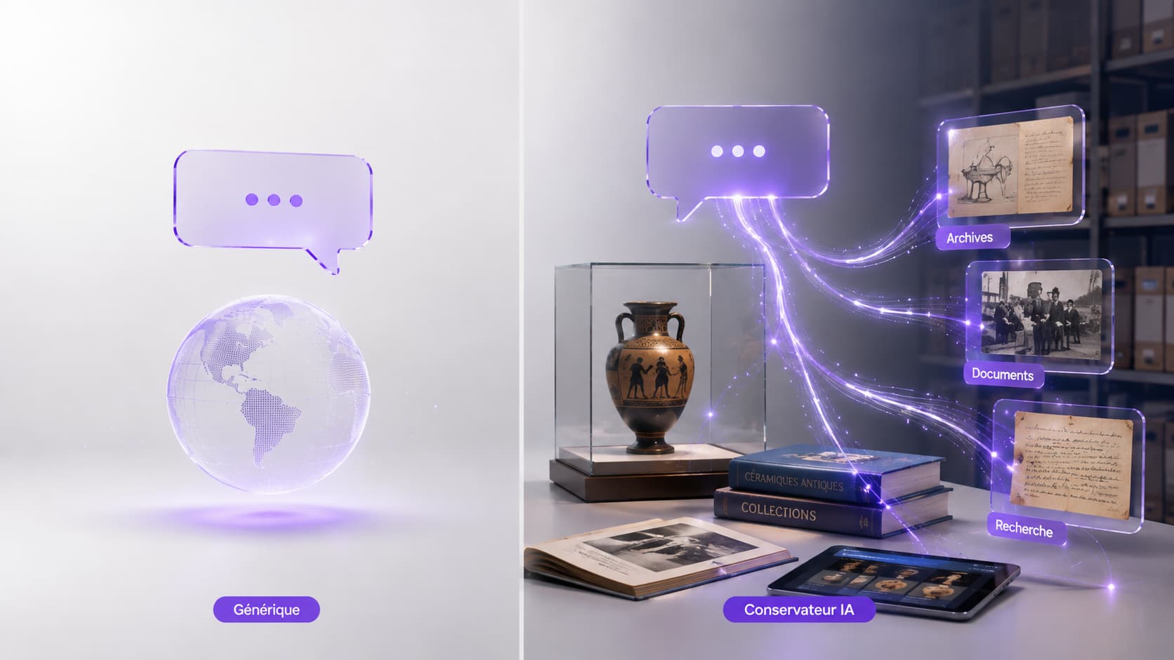 Comparaison illustrée entre un chatbot de musée générique et un conservateur IA nourri par la collection