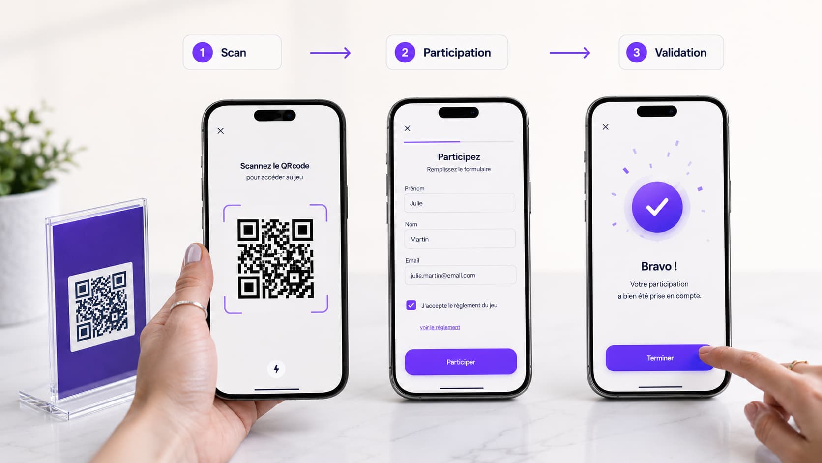 Parcours de participation à un jeu concours en ligne sur smartphone, du scan à la validation