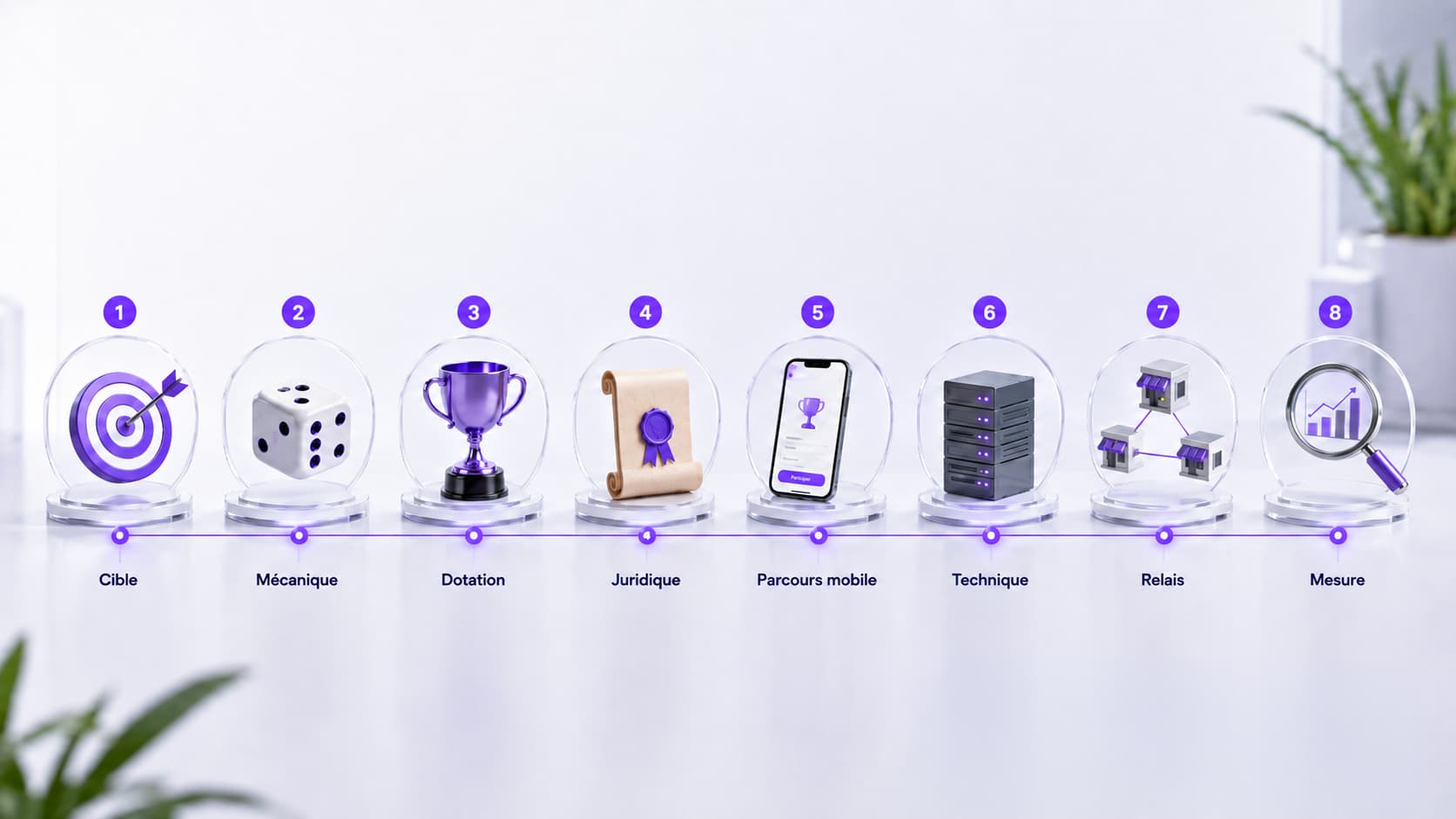 Illustration des huit étapes pour organiser un jeu concours en ligne, de l'objectif à la réactivation de la base