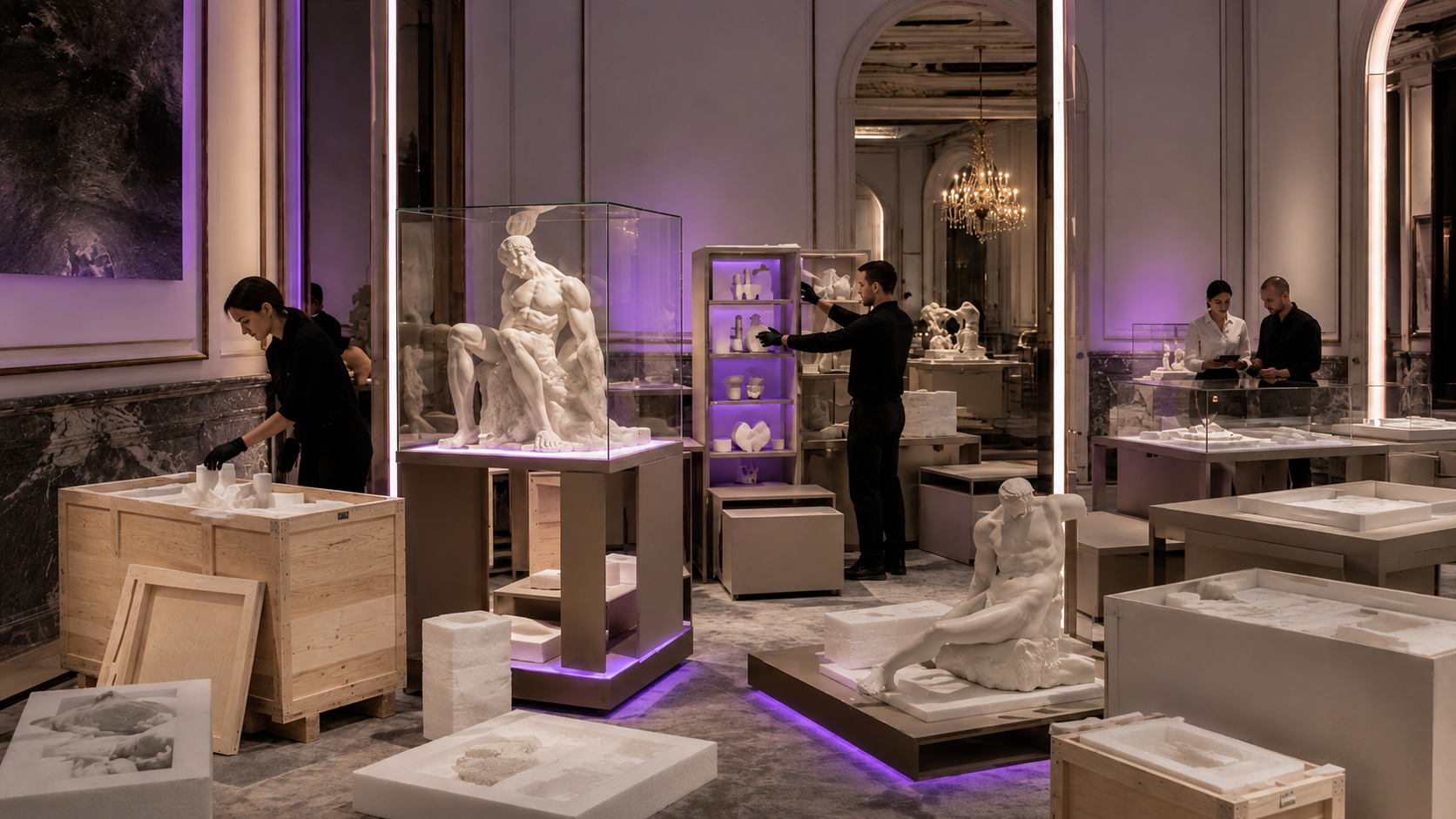 Exposition itinérante d'une collection privée en cours de montage dans un lieu non équipé