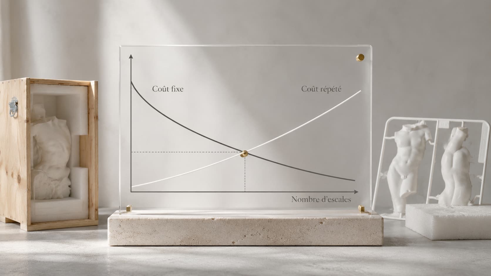 Schéma comparant le coût répété d'une scénographie transportée au coût fixe d'un dispositif numérique sur une tournée