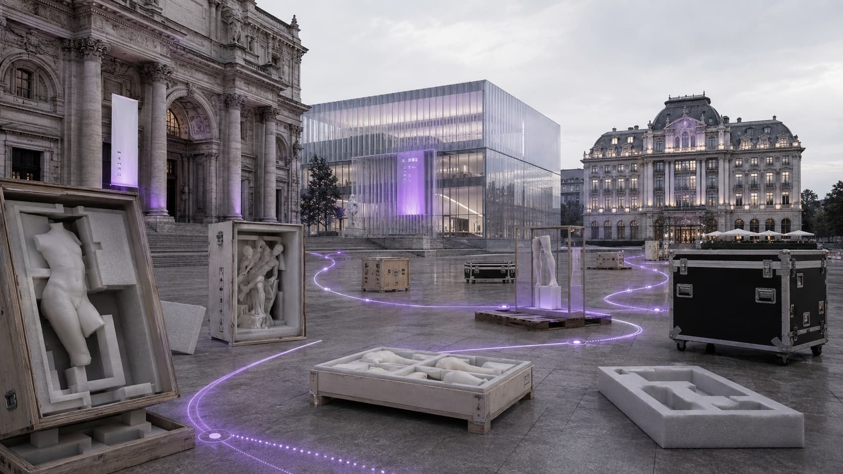 Illustration des contraintes d'une exposition itinérante : lieux différents, transport des œuvres, montage et démontage répétés