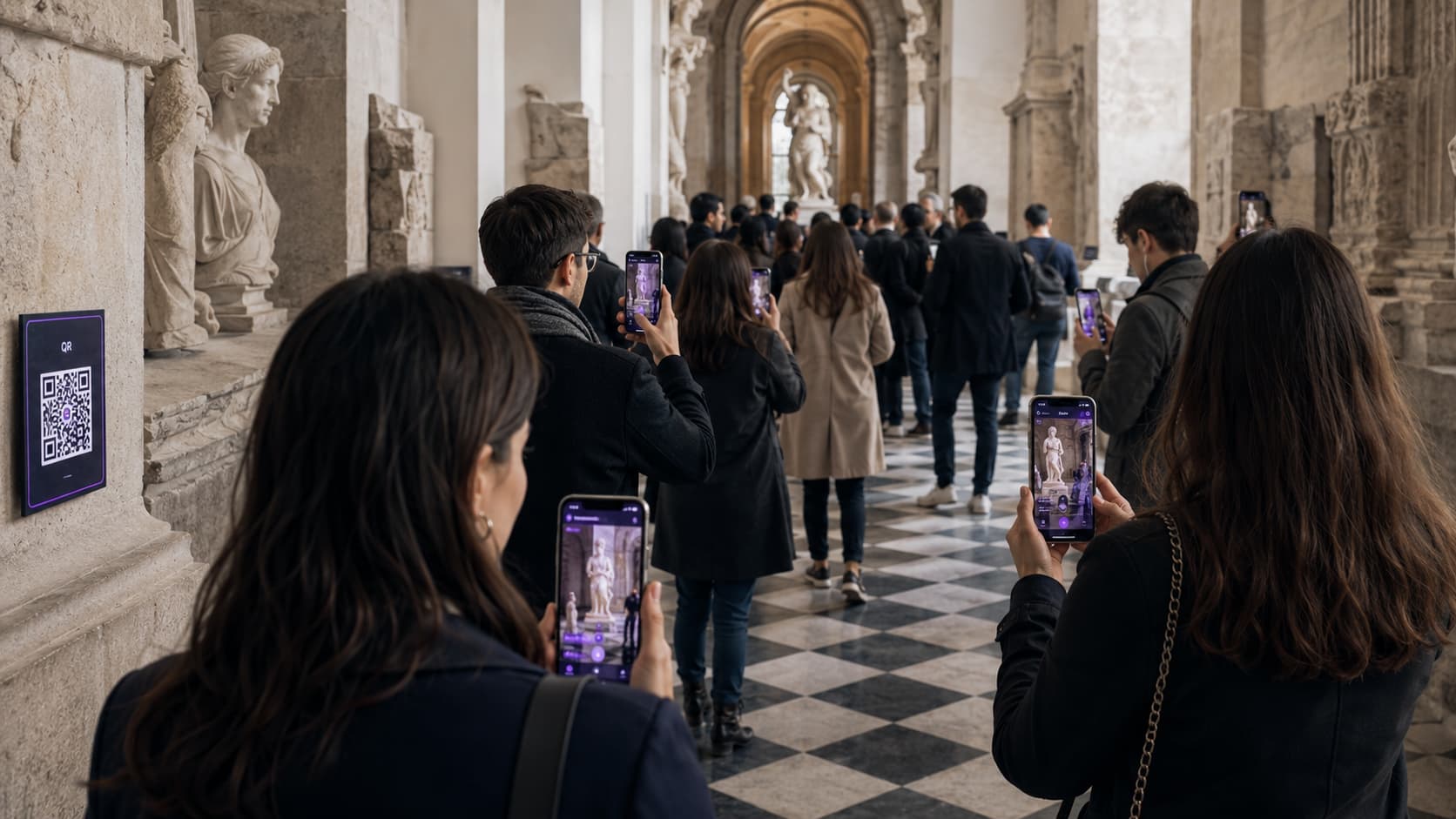 `Expérience de visite augmentée ouverte par QR code sur le smartphone des visiteurs, sans téléchargement d'application`