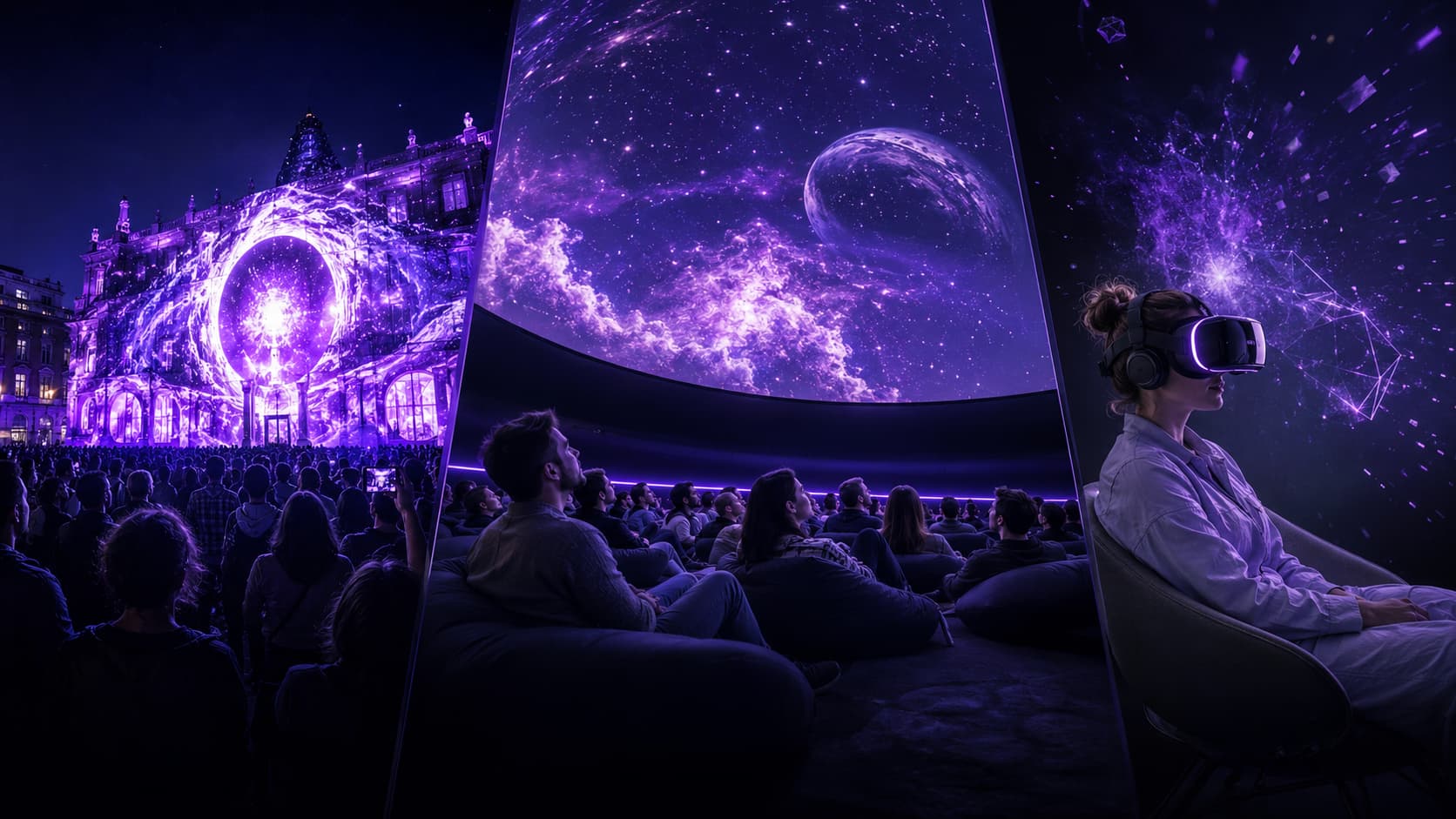 `Trois échelles d'expérience immersive en musée : la foule face à une projection, le groupe assis sous un dôme, le visiteur seul sous casque`