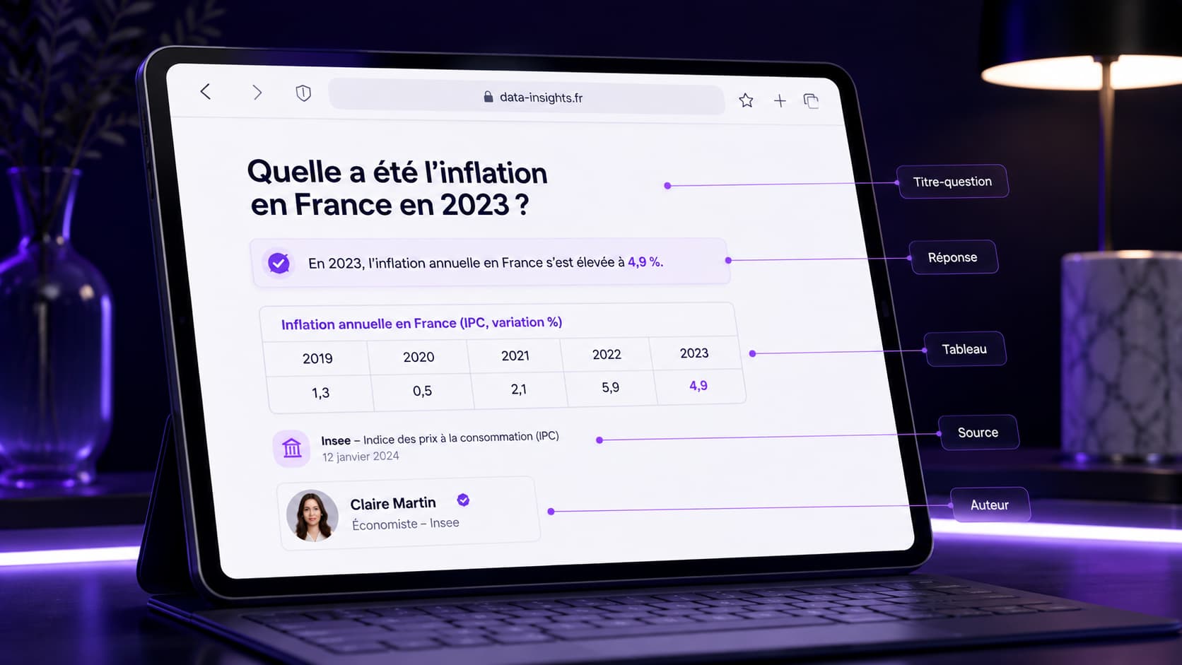 `Anatomie d'une page citable : titre-question, phrase-réponse autonome, tableau, source datée et auteur identifié`
