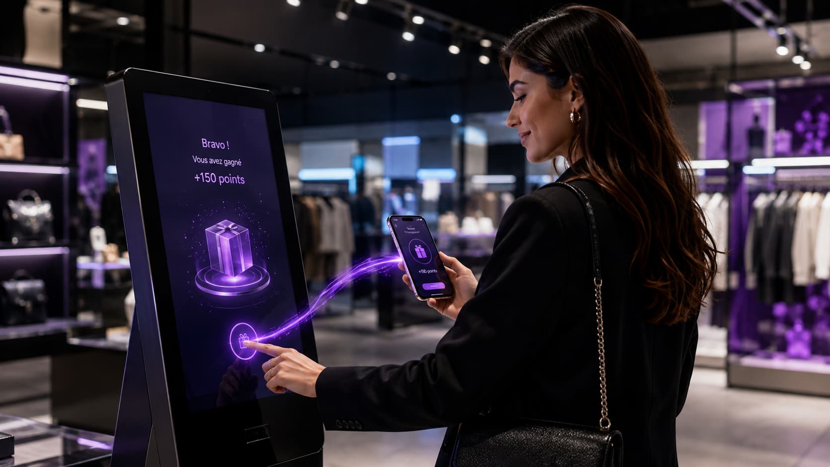 Borne interactive en point de vente : le client joue sur l'écran du magasin puis poursuit sur son téléphone
