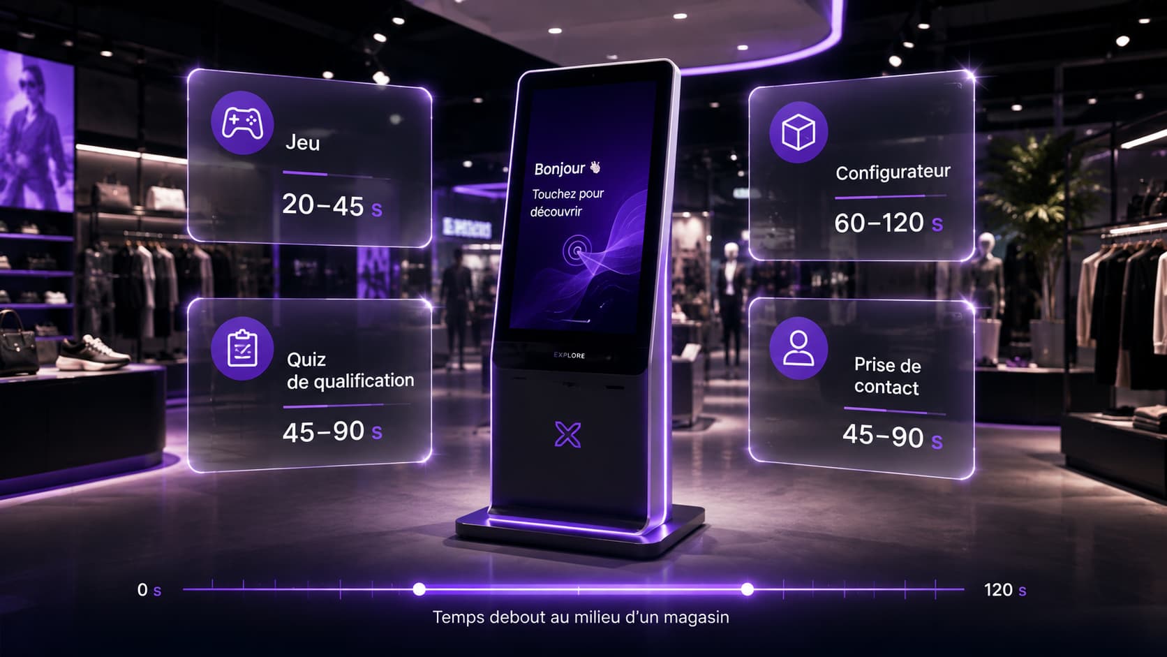 Usages d'une borne interactive en magasin : jeu, quiz de qualification, configurateur produit et prise de contact
