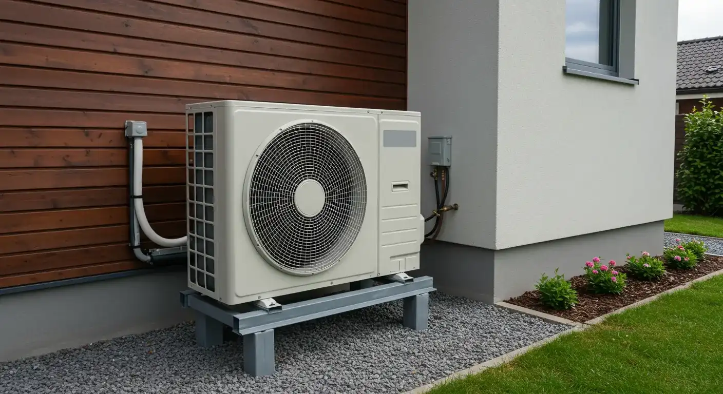 Outdoor air conditioning unit on metal stand beside house wall with gravel and nearby garden bed