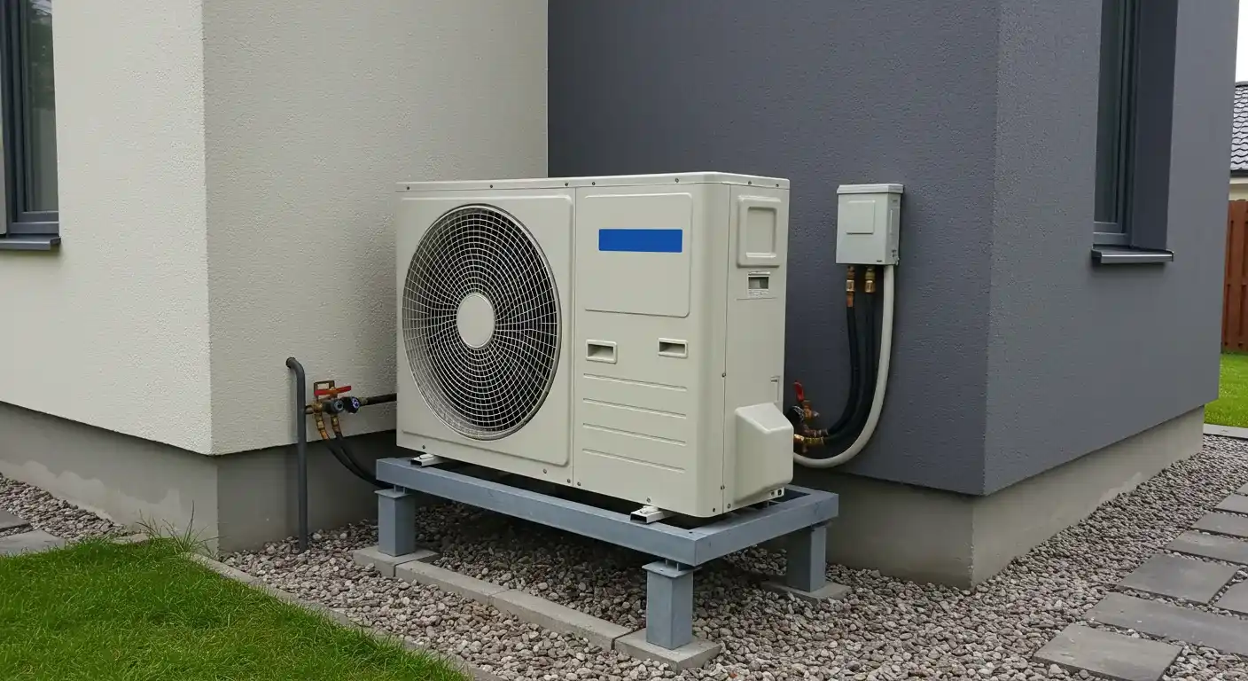 Outdoor air conditioning unit on metal stand beside house with gravel and grass patch