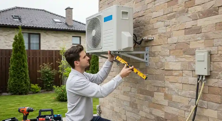 Person using level tool to install air conditioning unit on house wall with tools and greenery nearby