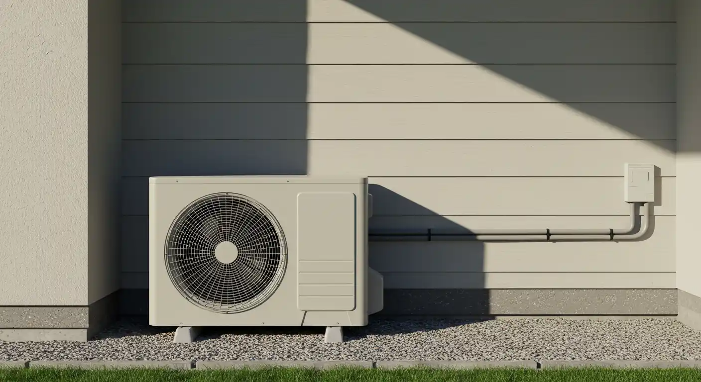 Outdoor air conditioning unit against building wall with conduit, piping, gravel base, and grass foreground