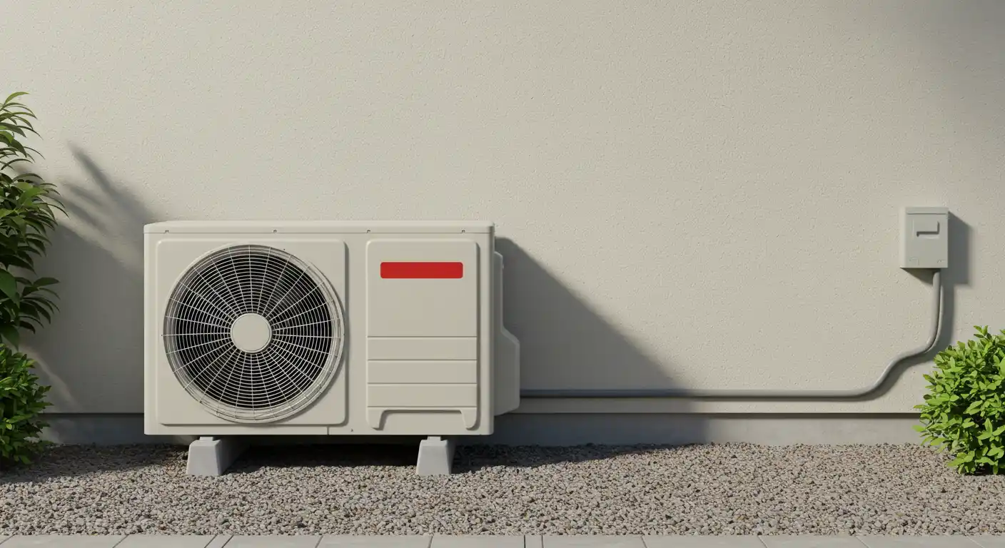 Outdoor air conditioning unit on concrete blocks against beige wall with fan, red label, and surrounding bushes