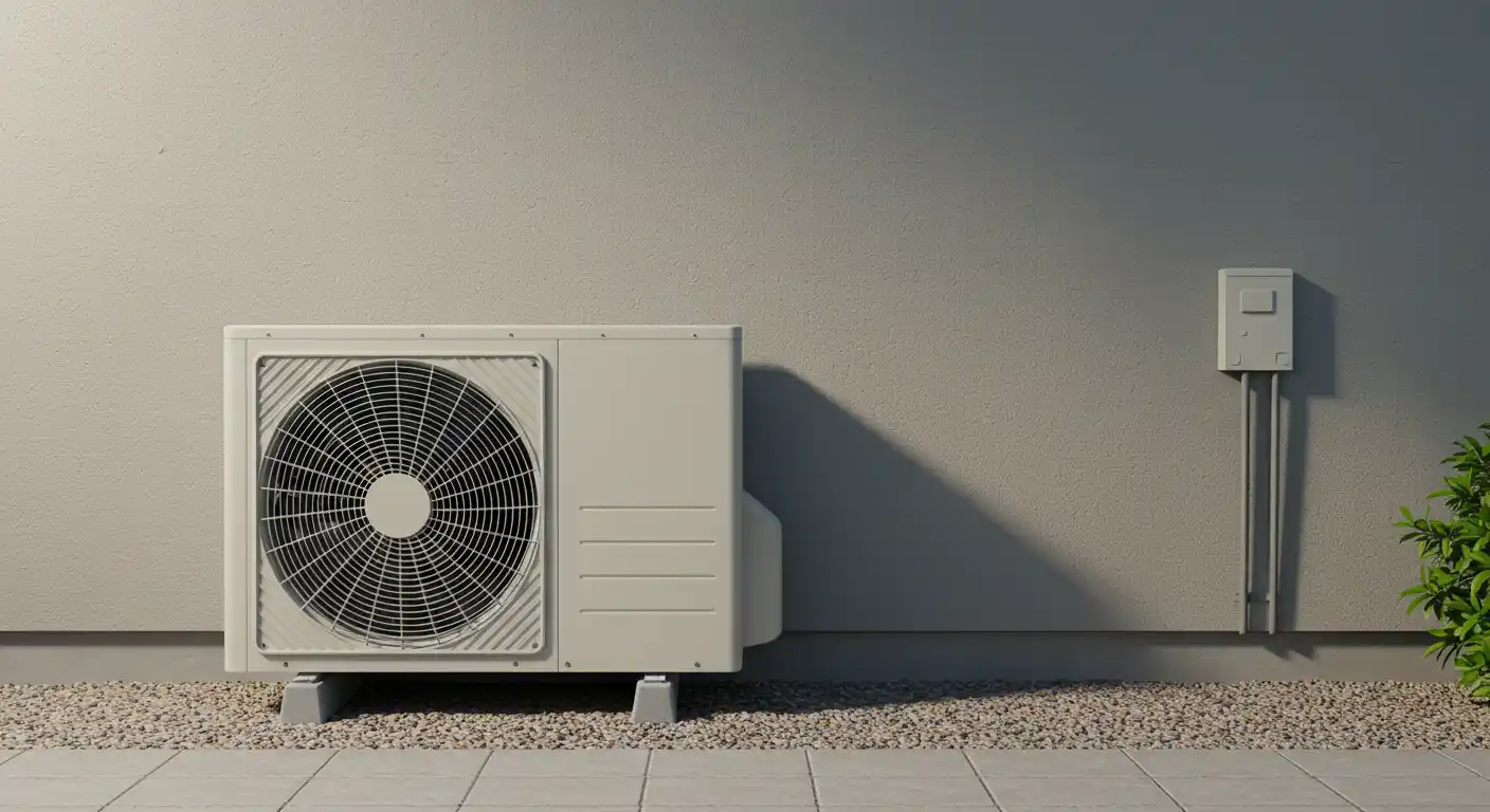 Outdoor air conditioning unit on gravel surface beside wall with electrical box and conduits