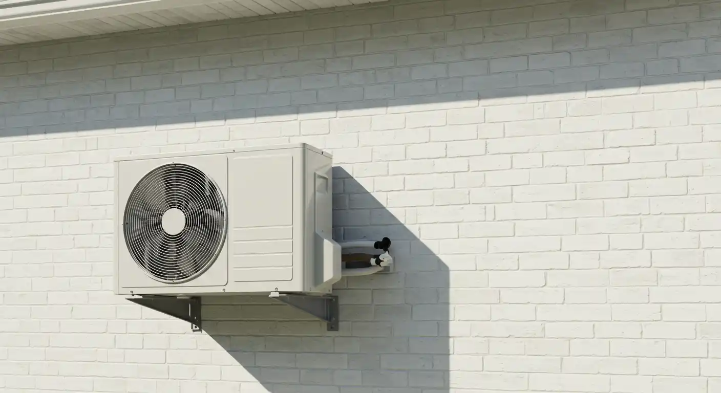 Outdoor air conditioning unit with large fan mounted on white brick wall, connected by pipes and cables