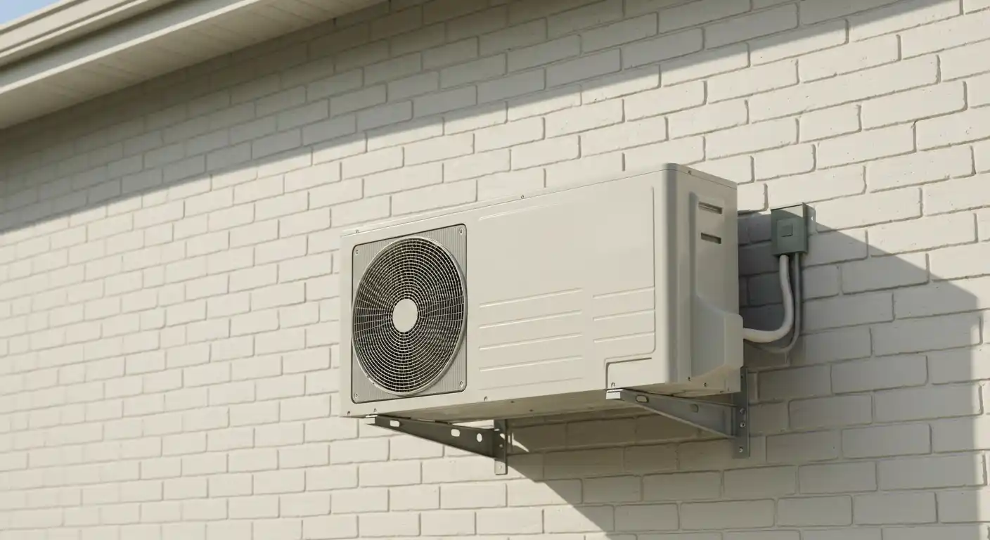 Outdoor air conditioning unit with visible fan mounted on white brick wall using metal brackets