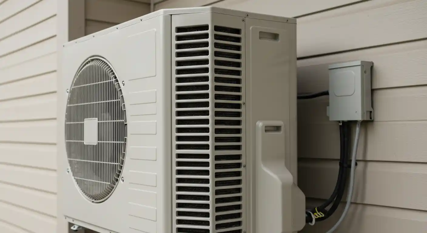 Outdoor air conditioning unit with large fan and ventilation grilles mounted on building wall with connected electrical box