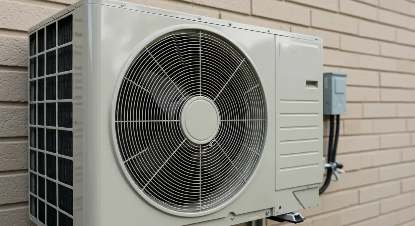Outdoor air conditioning unit on brick wall with circular fan and ventilation slats