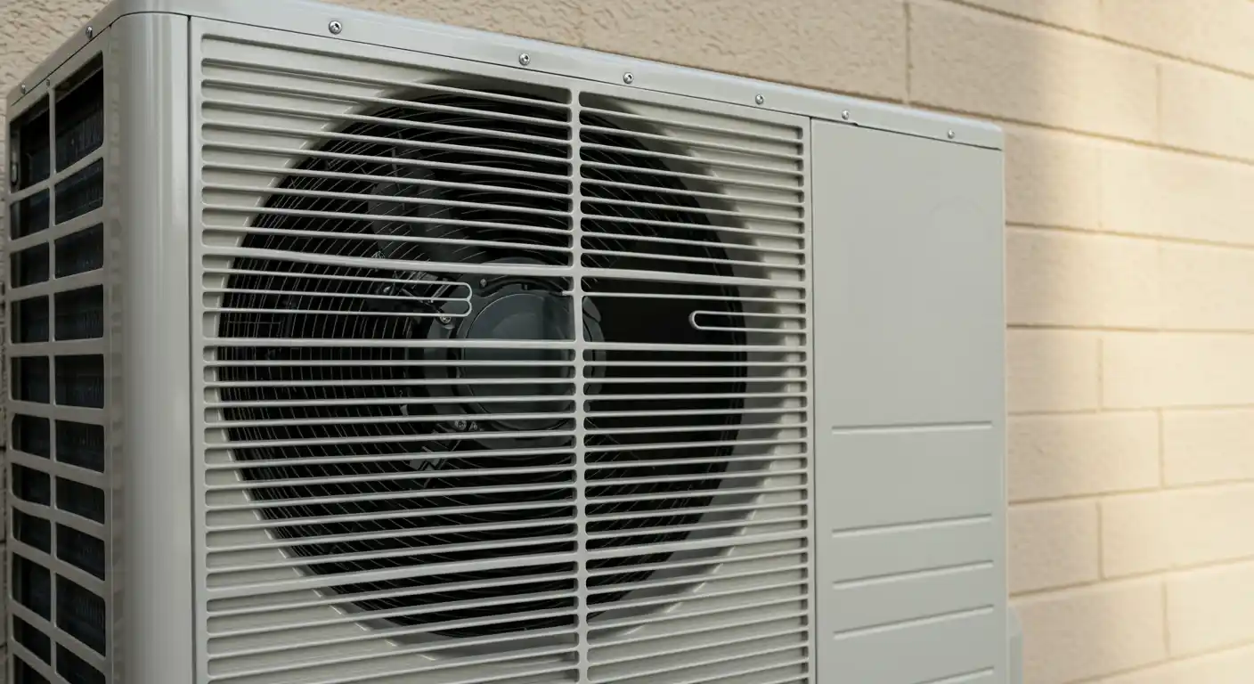 Wall-mounted outdoor air conditioning unit with large fan and beige brick background