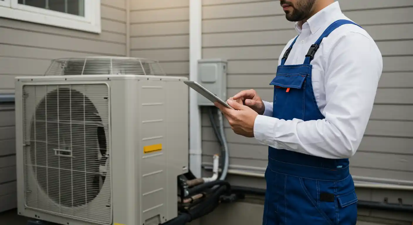 Technician with tablet inspecting outdoor air conditioning unit near building wall with siding and piping