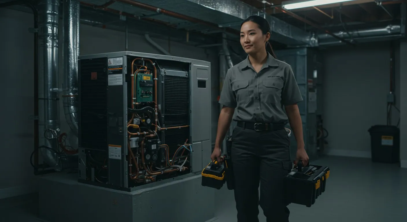 Woman carrying tools, standing by HVAC.