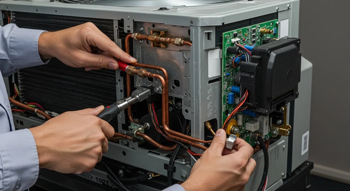Hands troubleshooting a complex HVAC unit.