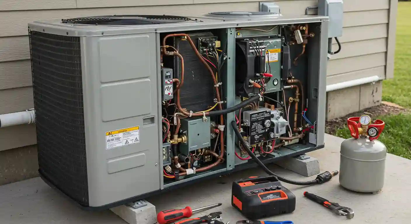 An opened air conditioning unit/heat pump revealing internal components and wiring, accompanied by various tools and a refrigerant tank on the ground.