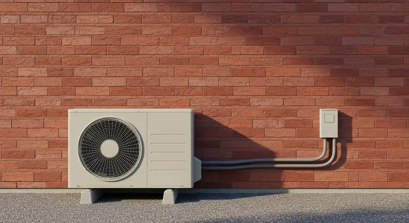 Outdoor air conditioning unit with conduit pipes and electrical box on red brick wall over gravel