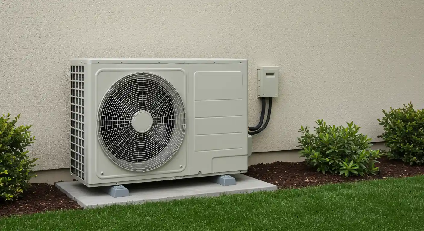 Outdoor air conditioning unit on concrete slab beside beige wall with bushes and electrical box