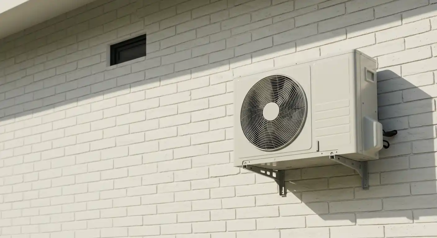 Outdoor air conditioning unit with circular fan mounted on white brick wall below small window