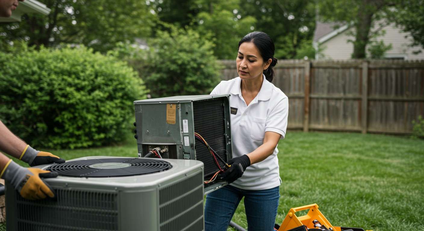 Woman and man replacing outdoor HVAC