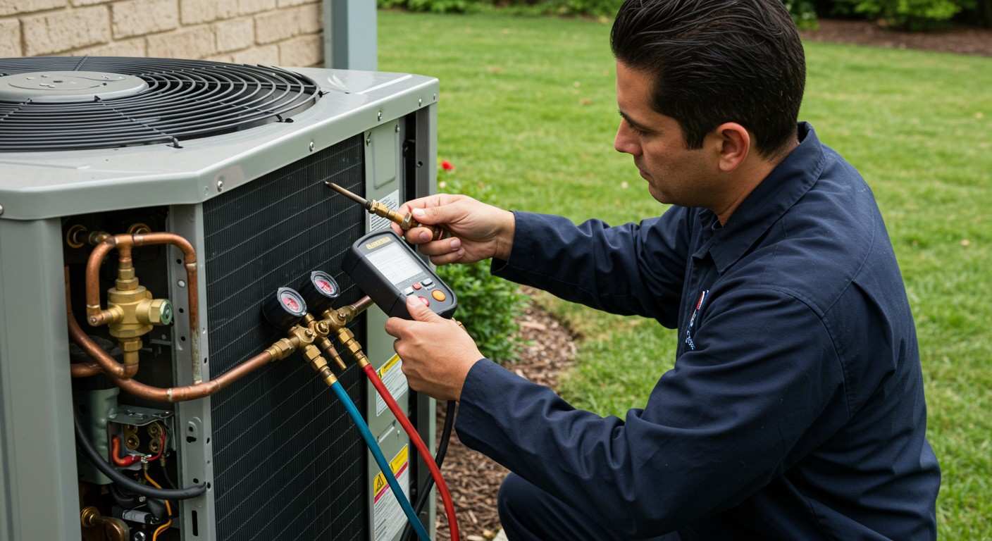 Man tuning up outdoor HVAC.
