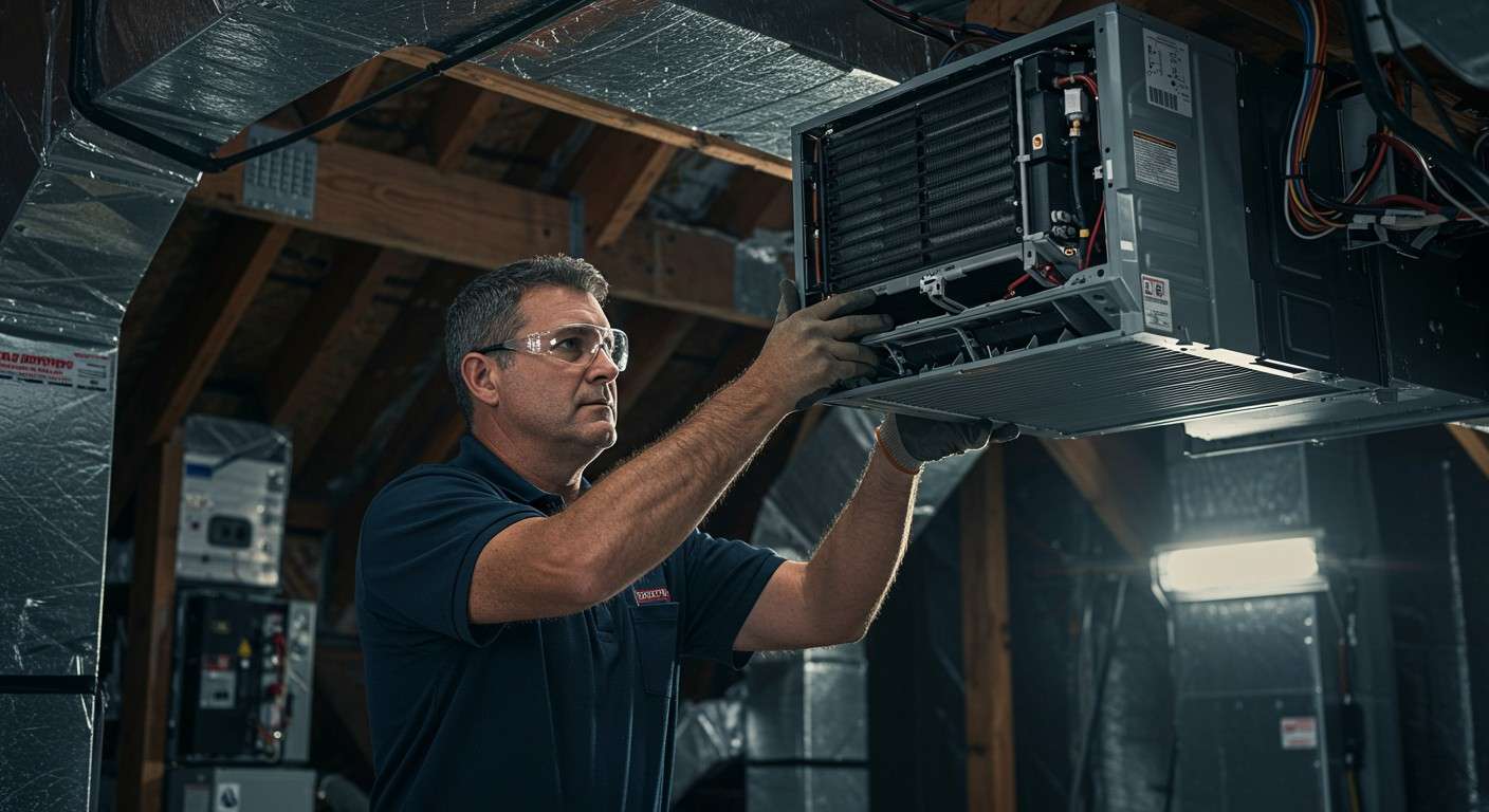 Man replacing indoor HVAC unit.