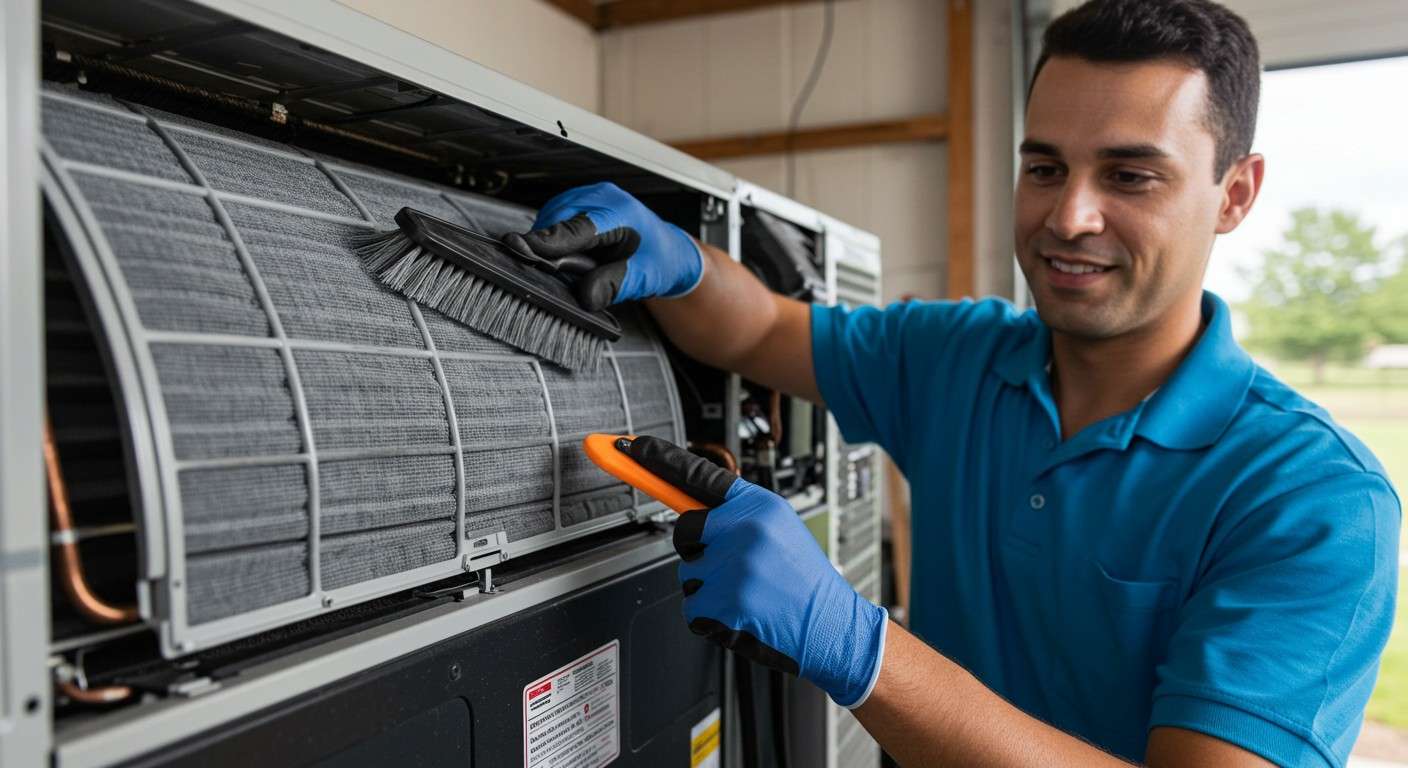 Man cleaning indoor HVAC unit.