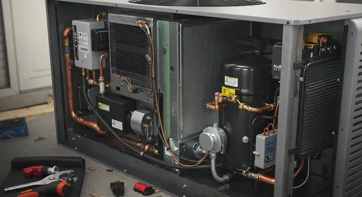 An open air conditioning unit revealing its internal components, including copper pipes, a compressor, and circuit board, with tools nearby.
