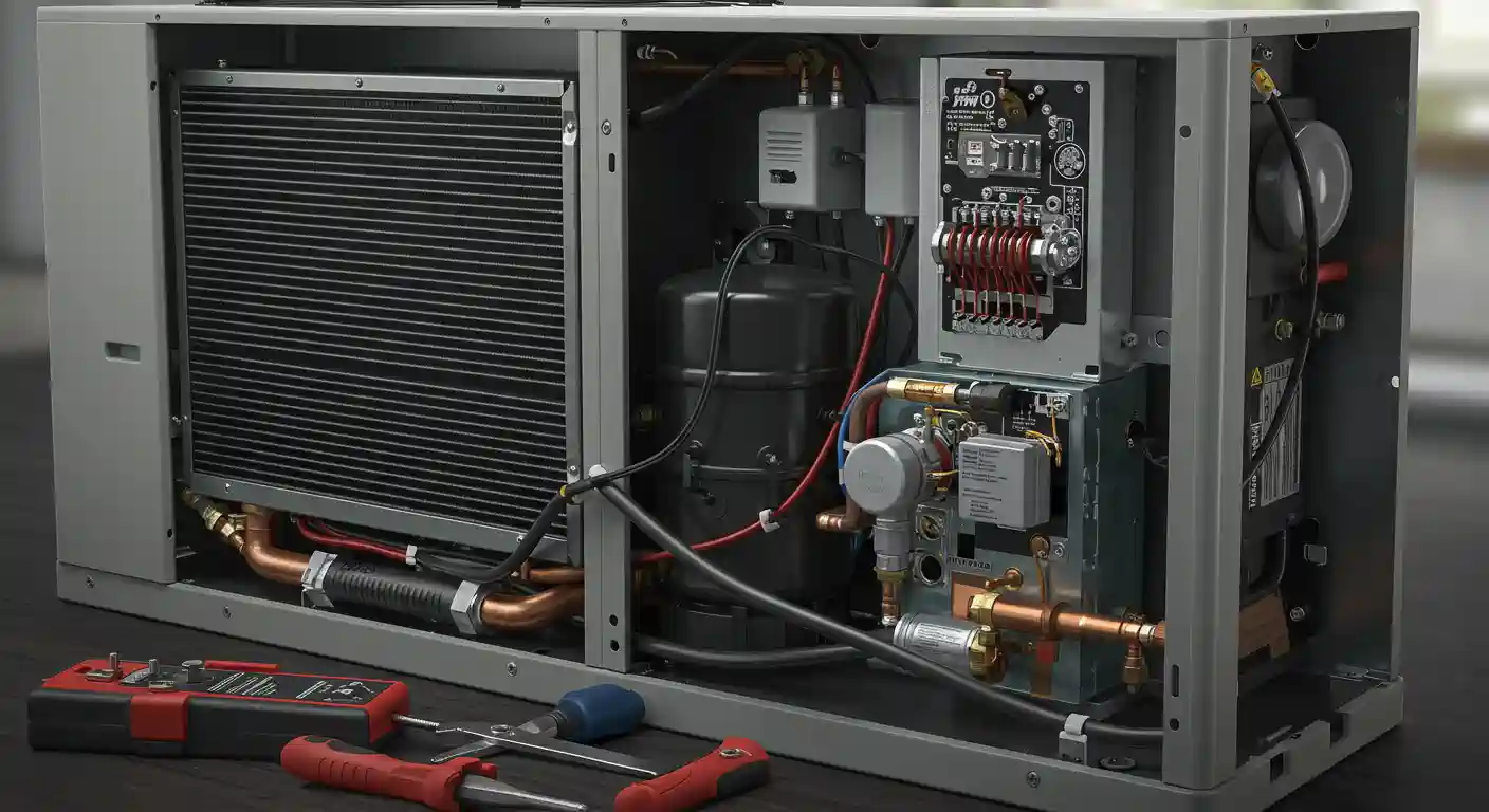 Close-up of an air conditioning unit, showing internal components like the compressor, fan, and colorful tubing connections.